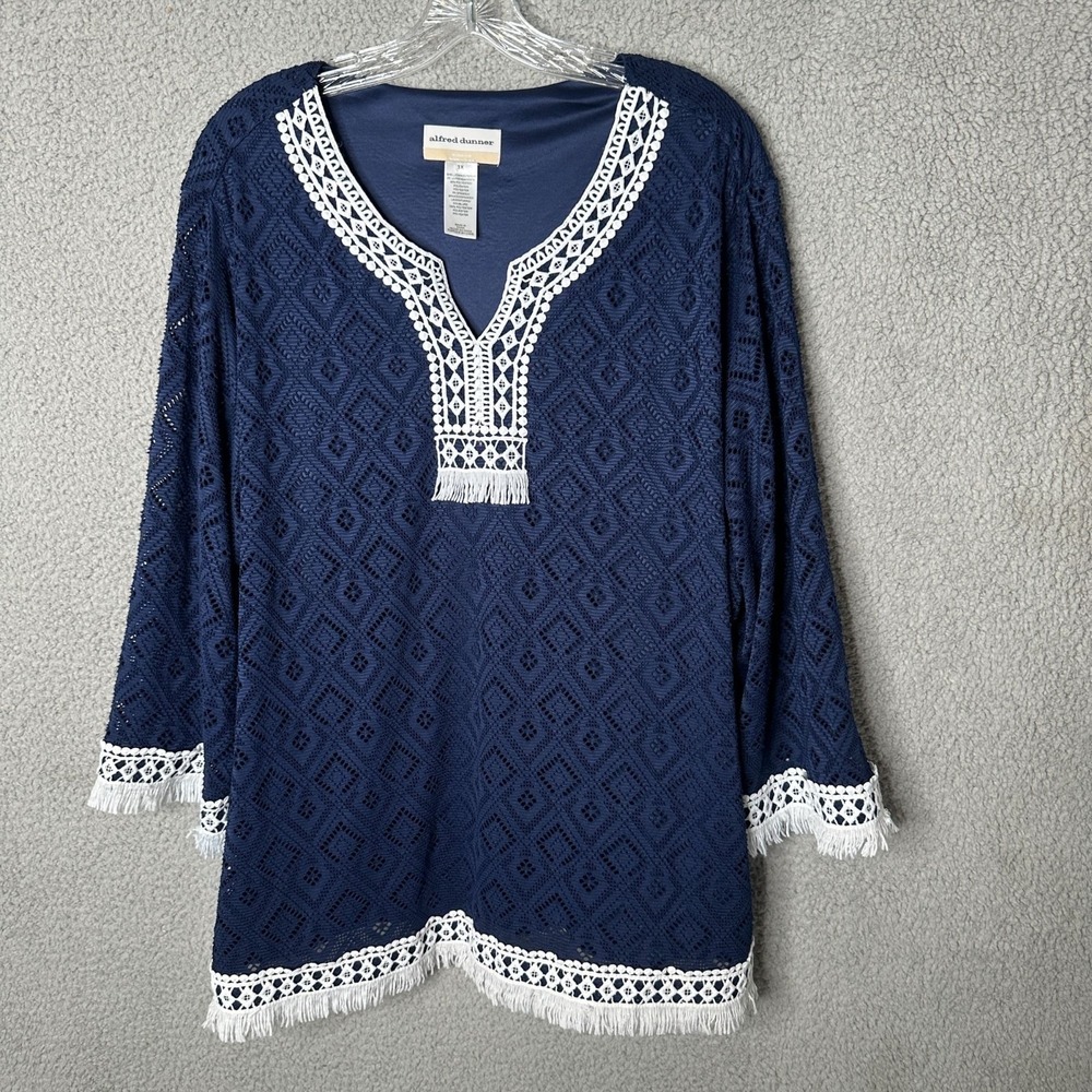 Alfred‎ Dunner Womens 3X Navy Crochet Top White Lace Trim Fringe Boho Casual